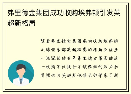 弗里德金集团成功收购埃弗顿引发英超新格局